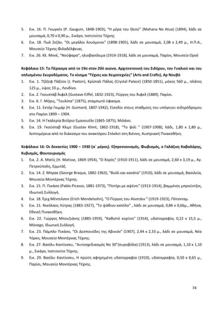 74
5. Εικ. 16. Π. Γκωγκέν (P. Gauguin, 1848-1903), “Η μέρα του Θεού” (Mahana No Atua) (1894), λάδι σε
μουσαμά, 0,70 x 0,90 μ., Σικάγο, Ινστιτούτο Τέχνης
6. Εικ. 18. Πωλ Σεζάν, “Οι μεγάλοι λουόμενοι” (1898-1905), λάδι σε μουσαμά, 2,08 x 2,49 μ., Η.Π.Α.,
Μουσείο Τέχνης Φιλαδέλφειας.
7. Εικ. 26. Κλ. Μονέ, “Νούφαρα”, ηλιοβασίλεμα (1914-1918), λάδι σε μουσαμά, Παρίσι, Μουσείο Ορσέ
Κεφάλαιο 15: Το Πέρασμα από το 19ο στον 20ό αιώνα. Αρχιτεκτονική του Σιδήρου, του Γυαλιού και του
οπλισμένου Σκυροδέματος. Το κίνημα “Τέχνες και Χειροτεχνίες” (Arts and Crafts), Αρ Νουβό
1. Εικ. 1. Τζόζεφ Πάξτον (J. Paxton), Κρίσταλ Πάλας (Crystal Palace) (1850-1851), μήκος 560 μ., πλάτος
125 μ., ύψος 33 μ., Λονδίνο.
2. Εικ. 2. Γκουστάβ Άιφελ (Gustave Eiffel, 1832-1923), Πύργος του Άιφελ (1889), Παρίσι.
3. Εικ. 6. Γ. Μόρις, "Τουλίπα" (1875), σταμπωτό ύφασμα.
4. Εικ. 11. Εκτόρ Γκιμάρ (H. Guimard, 1807-1942), Είσοδοι στους σταθμούς του υπόγειου σιδηρόδρομου
στο Παρίσι 1899 – 1904.
5. Εικ. 14. Η Γκαλερία Βιτόριο Εμανουέλε (1865-1875), Μιλάνο.
6. Εικ. 19. Γκούσταβ Κλιμτ (Gustav Klimt, 1862-1918), “Το φιλί ” (1907-1908), λάδι, 1,80 x 1,80 μ.,
λεπτομέρεια από το διάκοσμο του ανακτόρου Στόκλετ στη Βιέννη, Αυστριακή Πινακοθήκη.
Κεφάλαιο 16: Οι δεκαετίες 1900 – 1930 (α΄ μέρος). Εξπρεσιονισμός, Φωβισμός, ο Γαλάζιος Καβαλάρης,
Κυβισμός, Φουτουρισμός
1. Εικ. 2. Α. Ματίς (Η. Matisse, 1869-1954), “Ο Χορός” (1910-1911), λάδι σε μουσαμά, 2,60 x 3,19 μ., Αγ.
Πετρούπολη, Ερμιτάζ.
2. Εικ. 14. Ζ. Μπρακ (George Braque, 1882-1963), “Βιολί και κανάτα” (1910), λάδι σε μουσαμά, Βασιλεία,
Μουσείο Μοντέρνας Τέχνης.
3. Εικ. 15. Π. Πικάσο (Pablo Picasso, 1881-1973), “Ποτήρι με αψέντι” (1913-1914), βαμμένος μπρούντζος,
Ιδιωτική Συλλογή.
4. Εικ. 18. Έριχ Μέντελσον (Erich Mendelsohn), “Ο Πύργος του Αϊνστάιν ” (1919-1923), Πότσνταμ.
5. Εικ. 21. Νικόλαος Λύτρας (1883-1927), “Το ψάθινο καπέλο” , λάδι σε μουσαμά, 0,86 x 0,66μ., Αθήνα,
Εθνική Πινακοθήκη.
6. Εικ. 22. Γιώργος Μπουζιάνης (1885-1959), “Καθιστό κορίτσι” (1914), υδατογραφία, 0,22 x 15,5 μ.,
Μόναχο, Ιδιωτική Συλλογή.
7. Εικ. 23. Πάμπλο Πικάσο, “Οι Δεσποινίδες της Αβινιόν” (1907), 2,44 x 2,33 μ., λάδι σε μουσαμά, Νέα
Υόρκη, Μουσείο Μοντέρνας Τέχνης.
8. Εικ. 27. Βασίλυ Καντίνσκυ, “Αυτοσχεδιασμός No 30”(πυροβόλα) (1913), λάδι σε μουσαμά, 1,10 x 1,10
μ., Σικάγο, Ινστιτούτο Τέχνης.
9. Εικ. 29. Βασίλυ Καντίνσκυ, Η πρώτη αφηρημένη υδατογραφία (1910), υδατογραφία, 0,50 x 0,65 μ.,
Παρίσι, Μουσείο Μοντέρνας Τέχνης.
 