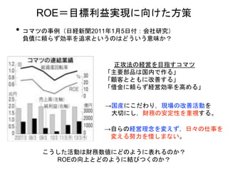 • コマツの事例（日経新聞2011年1月5日付：会社研究）
負債に頼らず効率を追求というのはどういう意味か？
ROE＝目標利益実現に向けた方策
正攻法の経営を目指すコマツ
「主要部品は国内で作る」
「顧客とともに改善する」
「借金に頼らず経営効率を高める」
→国産にこだわり，現場の改善活動を
大切にし，財務の安定性を重視する。
→自らの経営理念を変えず，日々の仕事を
変える努力を惜しまない。
こうした活動は財務数値にどのように表れるのか？
ROEの向上とどのように結びつくのか？
 
