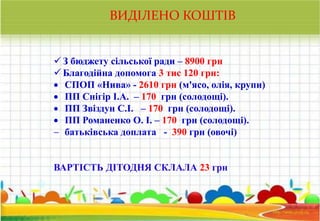 ВИДІЛЕНО КОШТІВ
 З бюджету сільської ради – 8900 грн
 Благодійна допомога 3 тис 120 грн:
 СПОП «Нива» - 2610 грн (м'ясо, олія, крупи)
 ПП Снігір І.А. – 170 грн (солодощі).
 ПП Звіздун С.І. – 170 грн (солодощі).
 ПП Романенко О. І. – 170 грн (солодощі).
 батьківська доплата - 390 грн (овочі)
ВАРТІСТЬ ДІТОДНЯ СКЛАЛА 23 грн
 