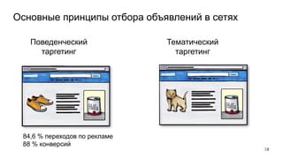 Основные принципы отбора объявлений в сетях
Поведенческий
таргетинг
Тематический
таргетинг
18
84,6 % переходов по рекламе
88 % конверсий
 