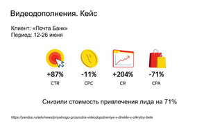 Видеодополнения. Кейс
Клиент: «Почта Банк»
Период: 12-26 июня
Снизили стоимость привлечения лида на 71%
https://yandex.ru/adv/news/priyatnogo-prosmotra-videodopolneniya-v-direkte-v-otkrytoy-bete
 