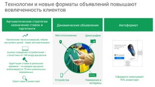 Анализ поведения потребителей —
статистика по 140 млрд аукционов
Адаптация ставок в реальном
времени — в каждом аукционе
анализируется 70 млн уникальных
переменных
Охват нового инвентаря
Технологии и новые форматы объявлений повышают
вовлеченность клиентов
Динамические объявления
Увеличение числа конверсий, гибкие
настройки целей - через автоматизацию
Автоматические стратегии
назначения ставок и
таргетинги
3 формата охватывают
95% инвентаря
Местоположение
Устройства Намерения и
интересы
Демография
Автоформат
 