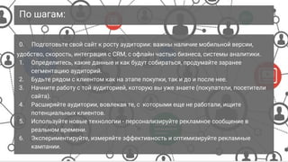 Google Confidential and Proprietary
По шагам:
0. Подготовьте свой сайт к росту аудитории: важны наличие мобильной версии,
удобство, скорость, интеграция с CRM, с офлайн частью бизнеса, системы аналитики.
1. Определитесь, какие данные и как будут собираться, продумайте заранее
сегментацию аудиторий.
2. Будьте рядом с клиентом как на этапе покупки, так и до и после нее.
3. Начните работу с той аудиторией, которую вы уже знаете (покупатели, посетители
сайта).
4. Расширяйте аудитории, вовлекая те, с которыми еще не работали, ищите
потенциальных клиентов.
5. Используйте новые технологии - персонализируйте рекламное сообщение в
реальном времени.
6. Экспериментируйте, измеряйте эффективность и оптимизируйте рекламные
кампании.
 