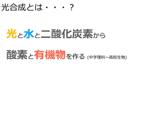 光合成とは・・・？
光と⽔と⼆酸化炭素から
酸素と有機物を作る (中学理科〜⾼校⽣物)
 