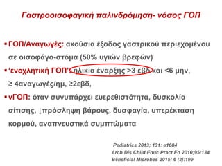 Pediatrics 2013; 131: e1684
Arch Dis Child Educ Pract Ed 2010;95:134
Beneficial Microbes 2015; 6 (2):199
ΓΟΠ/Αναγωγές: ακούσια έξοδος γαστρικού περιεχομένου
σε οισοφάγο-στόμα (50% υγιών βρεφών)
‘ενοχλητική ΓΟΠ’: ηλικία έναρξης >3 εβδ και <6 μην,
≥ 4αναγωγές/ημ, ≥2εβδ,
νΓΟΠ: όταν συνυπάρχει ευερεθιστότητα, δυσκολία
σίτισης, ↓πρόσληψη βάρους, δυσφαγία, υπερέκταση
κορμού, αναπνευστικά συμπτώματα
Γαστροοισοφαγική παλινδρόμηση- νόσος ΓΟΠ
 