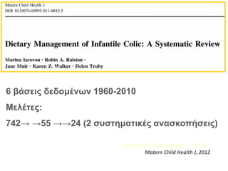 6 βάσεις δεδομένων 1960-2010
Μελέτες:
742→ →55 →→24 (2 συστηματικές ανασκοπήσεις)
Matern Child Health J, 2011
Matern Child Health J, 2012
 