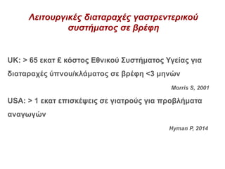 Λειτουργικές διαταραχές γαστρεντερικού
συστήματος σε βρέφη
UK: > 65 εκατ ₤ κόστος Εθνικού Συστήματος Υγείας για
διαταραχές ύπνου/κλάματος σε βρέφη <3 μηνών
Morris S, 2001
USA: > 1 εκατ επισκέψεις σε γιατρούς για προβλήματα
αναγωγών
Hyman P, 2014
 