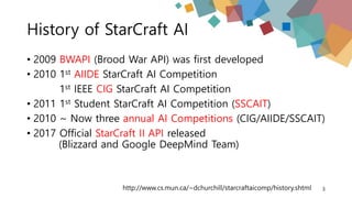 History of StarCraft AI
• 2009 BWAPI (Brood War API) was first developed
• 2010 1st AIIDE StarCraft AI Competition
1st IEEE CIG StarCraft AI Competition
• 2011 1st Student StarCraft AI Competition (SSCAIT)
• 2010 ~ Now three annual AI Competitions (CIG/AIIDE/SSCAIT)
• 2017 Official StarCraft II API released
(Blizzard and Google DeepMind Team)
http://www.cs.mun.ca/~dchurchill/starcraftaicomp/history.shtml 3
 
