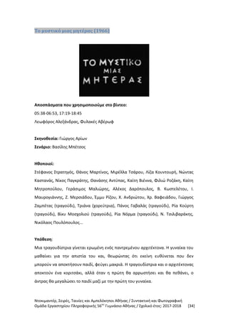 Ντοκιμαντέρ, Σειρές, Ταινίες και Αμπελόκηποι Αθήνας / Συντακτική και Φωτογραφική
Ομάδα Εργαστηρίου Πληροφορικής 56ου
Γυμνάσιο Αθήνας / Σχολικό έτος: 2017-2018 [34]
Το μυστικό μιας μητέρας (1966)
Αποσπάσματα που χρησιμοποιούμε στο βίντεο:
05:38-06:53, 17:19-18:45
Λεωφόρος Αλεξάνδρας, Φυλακές Αβέρωφ
Σκηνοθεσία: Γιώργος Αρίων
Σενάριο: Βασίλης Μπέτσος
Ηθοποιοί:
Στέφανος Στρατηγός, Θάνος Μαρτίνος, Μιρέλλα Τσάρου, Λίζα Κουντουρή, Νώντας
Καστανάς, Νίκος Παγκράτης, Θανάσης Αντύπας, Καίτη Βιέννα, Φιλιώ Ροζάκη, Καίτη
Μητροπούλου, Γεράσιμος Μαλιώρης, Αλέκος Δαρόπουλος, Β. Κωστελέτου, Ι.
Μαυρογιάννης, Ζ. Μερσιάδου, Έμμυ Ρίζου, Χ. Ανδριώτου, Χρ. Βαφειάδου, Γιώργος
Ζαμπέτας (τραγούδι), Τριάνα (χορεύτρια), Πάνος Γαβαλάς (τραγούδι), Ρία Κούρτη
(τραγούδι), Βίκυ Μοσχολιού (τραγούδι), Ρία Νόρμα (τραγούδι), Ν. Τσιλιβαράκης,
Νικόλαος Πουλόπουλος...
Υπόθεση:
Μια τραγουδίστρια γίνεται ερωμένη ενός παντρεμένου αρχιτέκτονα. Η γυναίκα του
μαθαίνει για την απιστία του και, θεωρώντας ότι εκείνη ευθύνεται που δεν
μπορούν να αποκτήσουν παιδί, φεύγει μακριά. Η τραγουδίστρια και ο αρχιτέκτονας
αποκτούν ένα κοριτσάκι, αλλά όταν η πρώτη θα αρρωστήσει και θα πεθάνει, ο
άντρας θα μεγαλώσει το παιδί μαζί με την πρώτη του γυναίκα.
 