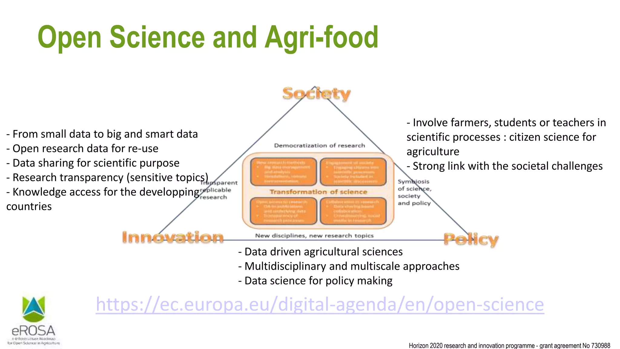 Horizon 2020 research and innovation programme - grant agreement No 730988
Open Science and Agri-food
https://ec.europa.eu/digital-agenda/en/open-science
- From small data to big and smart data
- Open research data for re-use
- Data sharing for scientific purpose
- Research transparency (sensitive topics)
- Knowledge access for the developping
countries
- Involve farmers, students or teachers in
scientific processes : citizen science for
agriculture
- Strong link with the societal challenges
- Data driven agricultural sciences
- Multidisciplinary and multiscale approaches
- Data science for policy making
 