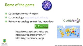 Horizon 2020 research and innovation programme - grant agreement No 730988
Some of the gems
Data repositories +/- open
Data catalog : http://ring.ciard.net/
Resources catalog: semantics, metadata
http://vest.agrisemantics.org
http://agroportal.lirmm.fr/
http://agrisemantics.org/
 