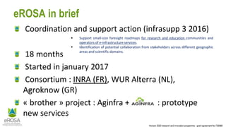 Horizon 2020 research and innovation programme - grant agreement No 730988
eROSA in brief
Coordination and support action (infrasupp 3 2016)
18 months
Started in january 2017
Consortium : INRA (FR), WUR Alterra (NL),
Agroknow (GR)
« brother » project : Aginfra + : prototype
new services
 Support small-size foresight roadmaps for research and education communities and
operators of e-infrastructure services.
 Identification of potential collaboration from stakeholders across different geographic
areas and scientific domains.
 