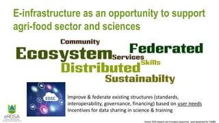Horizon 2020 research and innovation programme - grant agreement No 730988
E-infrastructure as an opportunity to support
agri-food sector and sciences
Improve & federate existing structures (standards,
interoperability, governance, financing) based on user needs
Incentives for data sharing in science & training
 