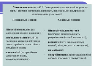      Мотиви навчання (за О.Б. Гончаровою) – спрямованість учня на
окремі сторони навчальної діяльності, пов’язаними з внутрішніми
відношеннями учня до неї.
Пізнавальні мотиви Соціальні мотиви
• Широкі пізнавальні (на
оволодіння новими знаннями);
• навчально-пізнавальні (на
засвоєння способів добування
знань, прийомів самостійного
придбання знань;
• самоосвітні (на придбання
додаткових знань,
самовдосконалення).
• Широкі соціальні мотиви
(обов'язок, відповідальність,
розуміння соціальної значимості);
• вузькі (зайняти певні соціальні
позиції, нішу, отримати схвалення);
• на майбутнє;
• співробітництва(орієнтовані на різні
способи взаємодії з оточуючими).
 