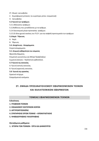 156
ΣΤ. Ηλιακή ακτινοβολία
Ζ. Ατμοσφαιρική ρύπανση (οι κυριότεροι ρύποι: ονομαστικά)
Η. Ακτινοβολία
5.2.Υγιεινή των τροφίμων.
5.2.1.Αλλοιώσεις τροφίμων.
5.2.2Ασθένειες που μεταδίδονται με τα τρόφιμα.
5.2.4.Υγειονομικά μέτρα προστασίας τροφίμων.
5.2.5.Οι δέκα χρυσοί κανόνες του Π.Ο.Υ. για την ασφαλή προετοιμασία των τροφίμων
5.3.Νερό - Ύδρευση.
Α. Νερό.
Β. Ύδρευση.
5.4. Αποχέτευση - Απορρίμματα.
Στερεά απορρίμματα.
5.5. Ατομική καθαριότητα του σώματος
Φροντίδα δέρματος.
Στοματική υγιεινή (έως και Μέτρα Προφύλαξης)
Σωματική άσκηση – Προληπτική ορθοπεδική.
5.7.Υγιεινή της κατοικίας.
Α. Υγιεινή αστικής κατοικίας.
Β. Υγιεινή αγροτικής κατοικίας.
5.8. Υγιεινή της εργασίας.
Εργατικό ατύχημα.
Επαγγελματικά νοσήματα.
ΣΤ. ΟΜΑΔΑ ΠΡΟΣΑΝΑΤΟΛΙΣΜΟΥ ΕΦΑΡΜΟΣΜΕΝΩΝ ΤΕΧΝΩΝ
ΚΑΙ ΚΑΛΛΙΤΕΧΝΙΚΩΝ ΕΦΑΡΜΟΓΩΝ
ΤΟΜΕΑΣ ΕΦΑΡΜΟΣΜΕΝΩΝ ΤΕΧΝΩΝ
Ειδικότητες
1. ΓΡΑΦΙΚΩΝ ΤΕΧΝΩΝ
2. ΣΧΕΔΙΑΣΜΟΥ ΕΣΩΤΕΡΙΚΩΝ ΧΩΡΩΝ
3. ΑΡΓΥΡΟΧΡΥΣΟΧΟΪΑΣ
4. ΣΥΝΤΗΡΗΣΗΣ ΕΡΓΩΝ ΤΕΧΝΗΣ – ΑΠΟΚΑΤΑΣΤΑΣΗΣ
5. ΨΗΦΙΔΟΓΡΑΦΙΑΣ-ΥΑΛΟΓΡΑΦΙΑΣ
Εξεταζόμενα μαθήματα:
1. ΙΣΤΟΡΙΑ ΤΩΝ ΤΕΧΝΩΝ – ΈΡΓΑ ΚΑΙ ΔΗΜΙΟΥΡΓΟΙ
 