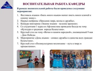 ВОСПИТАТЕЛЬНАЯ РАБОТА КАФЕДРЫ
1. Фестиваль языков «Знать много языков-значит иметь много ключей к
одному замку».
2. Наурыз-мейрамы «Праздник мира, весны и дружбы».
3. Конкурс-викторина «Знание языков – веление времени».
4. Со студентами 1 курса из Афганистана проведена беседа на тему
«Культура и традиции народа Казахстана».
5. Круглый стол на тему «Вечно в памяти народной», посвященный 9 мая
- Дню Победы.
6. Мероприятие «День языков – символ дружбы и единства всех граждан
Казахстана».
7. Круглый стол «Поликультурное воспитание – путь к миру и
процветанию».
В рамках воспитательной работы были проведены следующие
мероприятия:
 