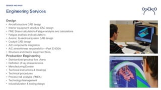Engineering Services
Design
• Aircraft structure CAD design
• Interior equipment structure CAD design
• FME Stress calculations Fatigue analysis and calculations
• Fatigue analysis and calculations
• Avionic & electrical system CAD design
• Cockpit CAD design
• A/C components integration
• A/C airworthiness responsibility – Part 23-DOA
• Structure and interior equipment tests
Production Engineering
• Standardized process flow charts
• Definition of key characteristics
• Manufacturing Dossier
• Technical instructions & drawings
• Technical procedures
• Process risk analysis (FMEA)
• Technology Management
• Industrialization & tooling design
 