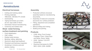 Aerostructures
Electrical harnesses
19 March, 20189
Sheet metal forming,
surface treatment and painting
• Cutting and marking cables
• Printing materials:
TMS-SCE, CM-SCE-TP, D-SCE
• Overbraiding
• Taping harnesses up to diam.
20 mm, tape width 9-19mm
• Harnesses manual manufacturing
• Continuity and isolation test
• Parts digitalization
• CNC cutting
• Rubber press forming
• Bending, milling, deburring
• Aluminum alloys heat treatment
• Penetrant and hardness inspection
• Anodizing in chromic acid and
alodine coating
PZL „Warszawa-Okecie”
Assembly
• Production airframe structural
assembly based on manufacturing
documents.
• Assembly of metal and composite
structures incl. surface protection.
• Fitting, adjustment and completion
operations.
• Manual drilling and riveting.
• Sealing and painting.
• C295: Wing, Front Cockpit
Fuselage, Colon, Cargo Door
and Ramp, Doors, Seats
• A330: Section 13 & HTP
Central Box
• Electrical Harnesses for A320
NEO, A330, C295, A400M
Products
 