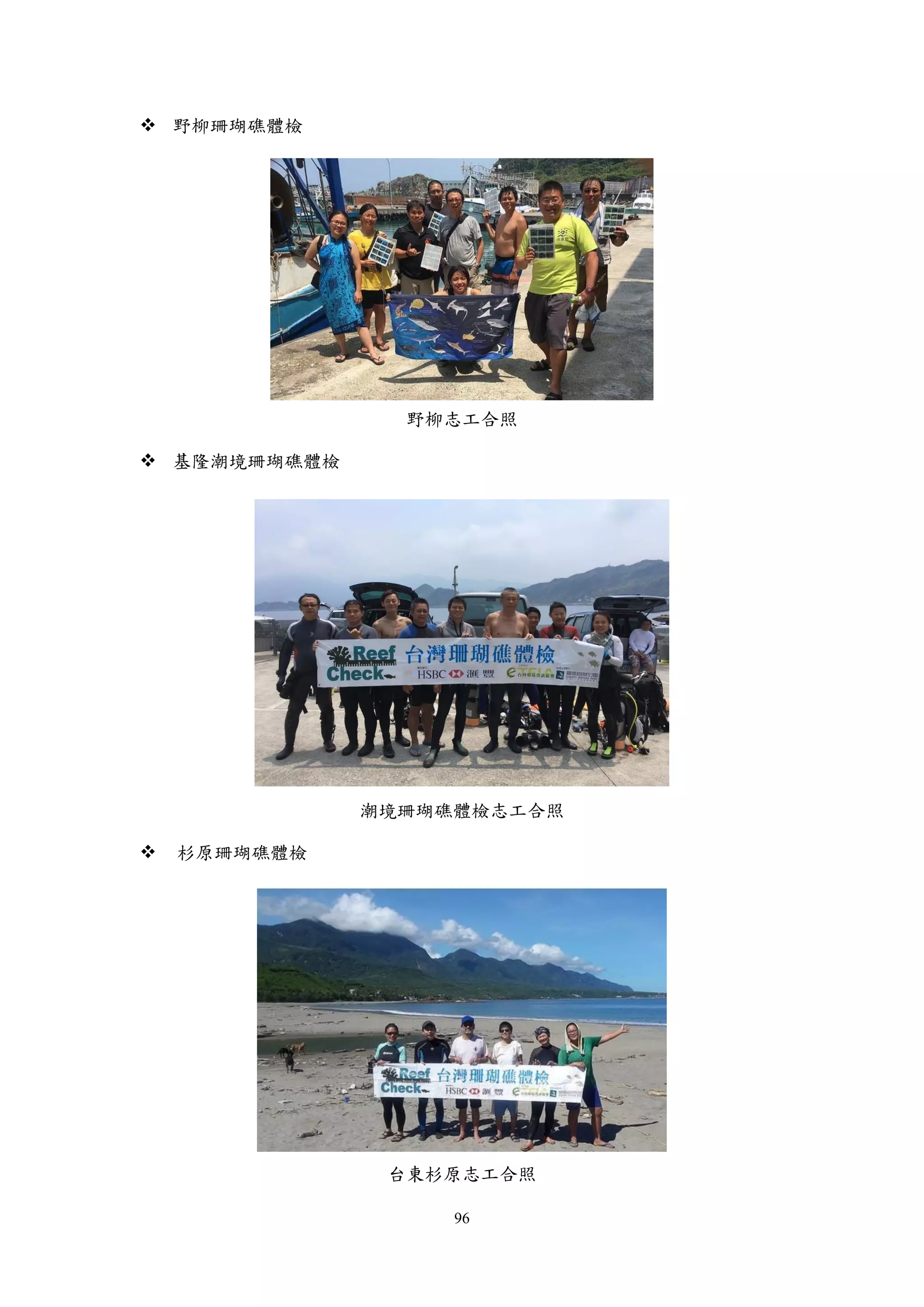 96
 野柳珊瑚礁體檢
野柳志工合照
 基隆潮境珊瑚礁體檢
潮境珊瑚礁體檢志工合照
 杉原珊瑚礁體檢
台東杉原志工合照
 