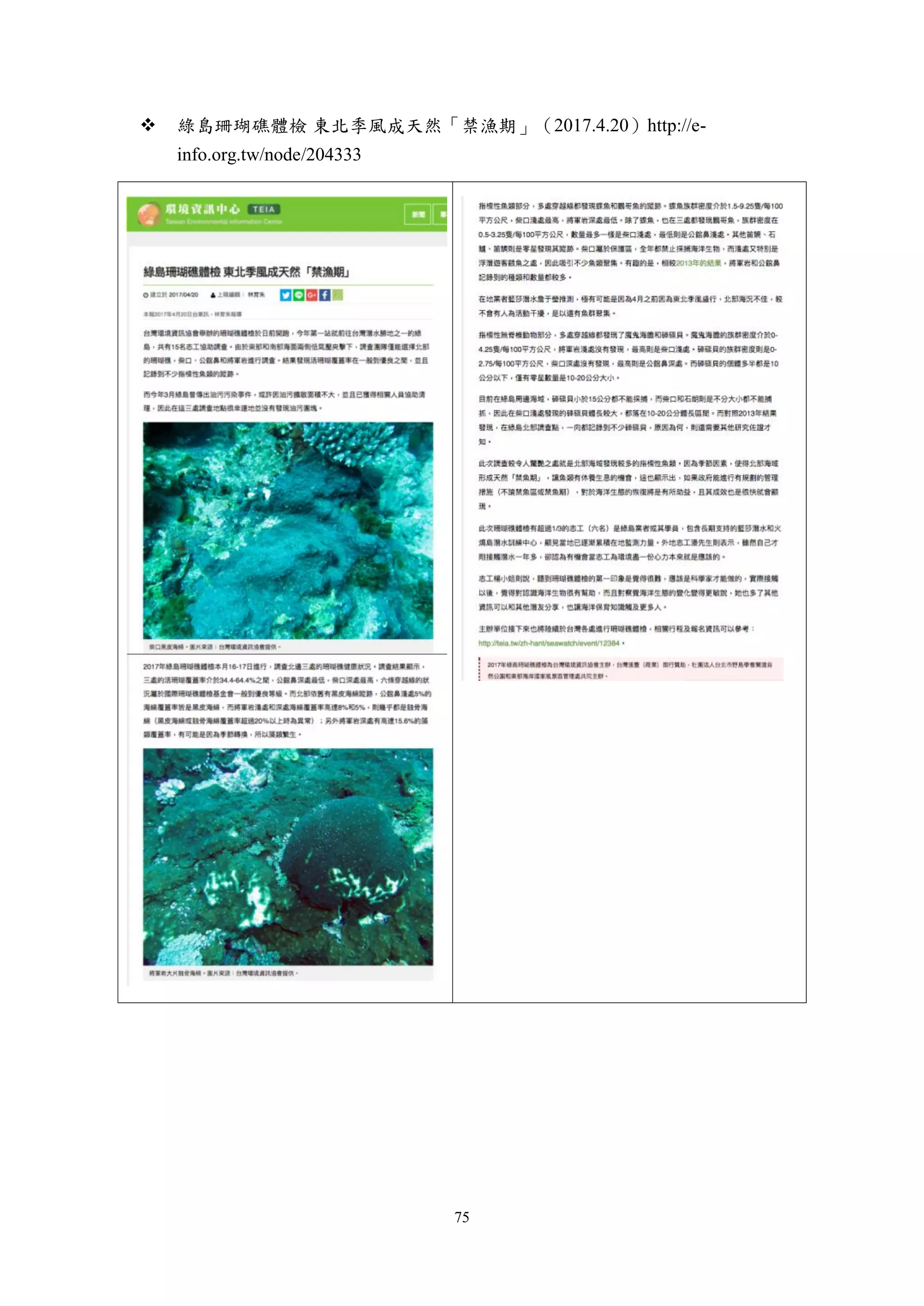 75
 綠島珊瑚礁體檢 東北季風成天然「禁漁期」（2017.4.20）http://e-
info.org.tw/node/204333
 