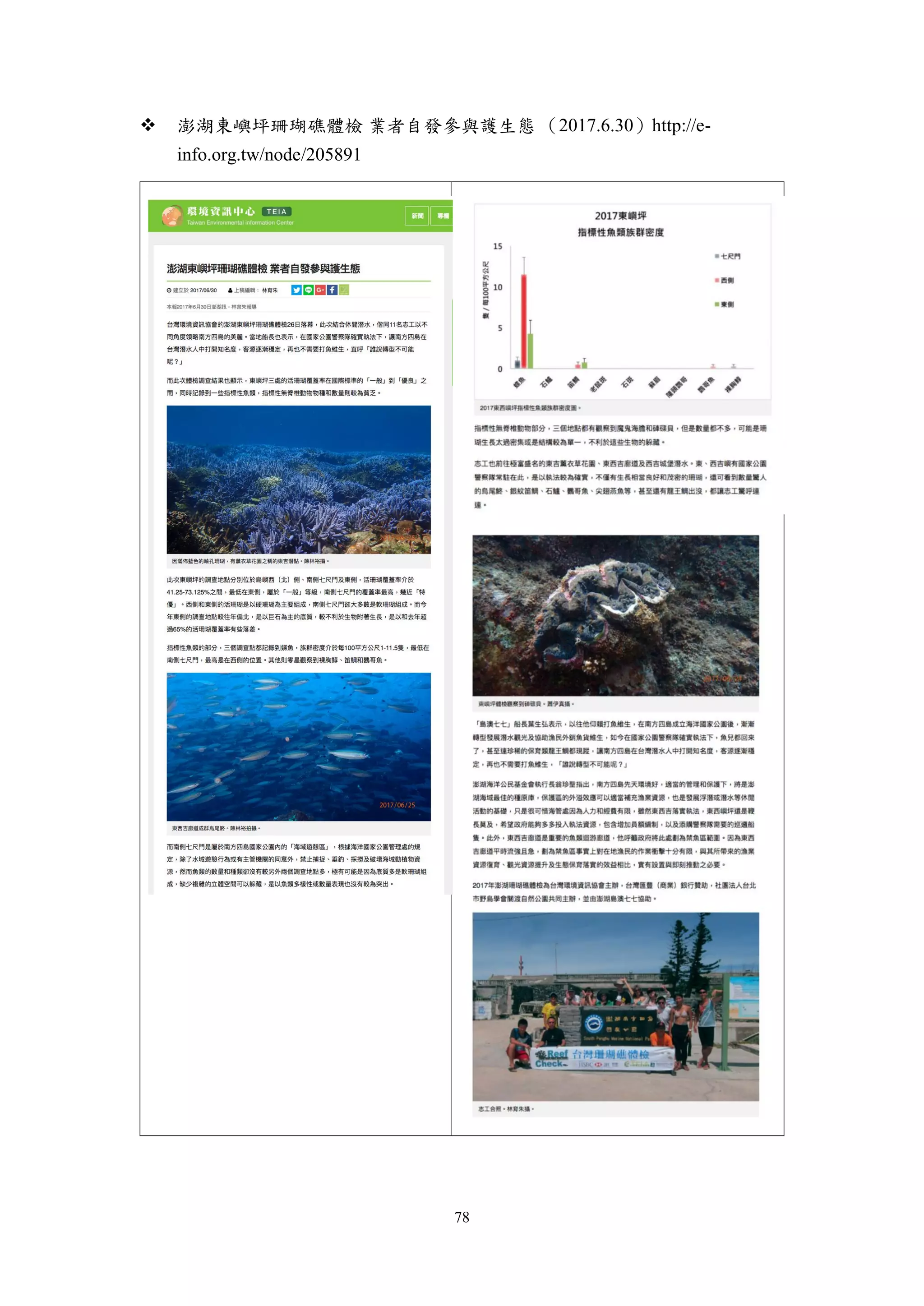 78
 澎湖東嶼坪珊瑚礁體檢 業者自發參與護生態 （2017.6.30）http://e-
info.org.tw/node/205891
 