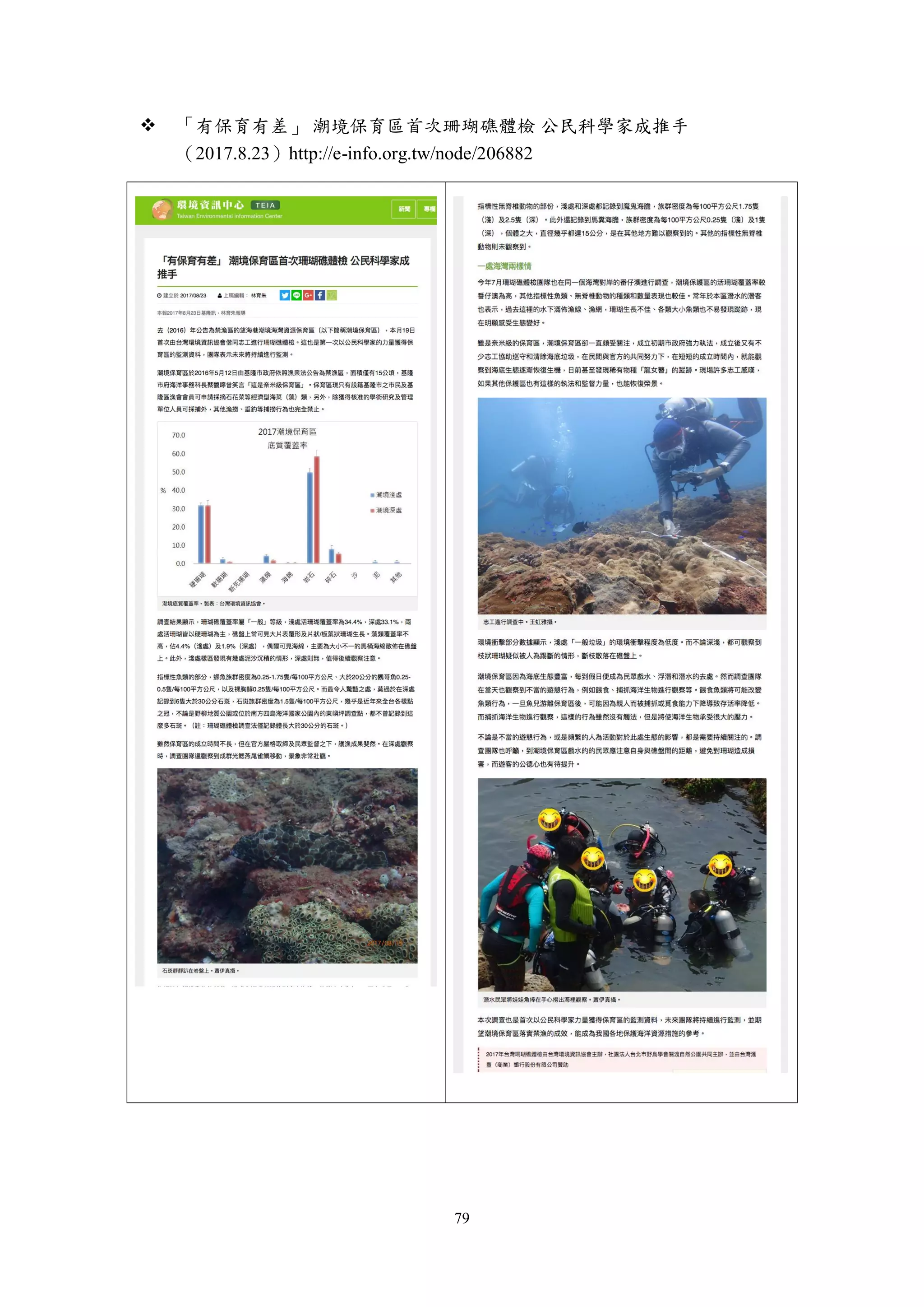 79
 「有保育有差」 潮境保育區首次珊瑚礁體檢 公民科學家成推手
（2017.8.23）http://e-info.org.tw/node/206882
 