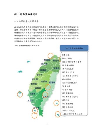 4
肆、 行動策略及成效
一、公開招募，民間參與
此次為第九年由民間主辦的珊瑚礁體檢，目標是持續喚醒守護珊瑚礁及海洋的
意識。潛水者是其中一群最了解海底變化及珊瑚礁狀況的人，如能持續提供珊
瑚體檢資訊，將使關心海洋的潛水者了解到現今珊瑚礁的狀態，不僅提供管道
讓他們付出一己之力，也提供民眾一個非學術管道認識海洋。如果民眾廣為周
知通行全球的珊瑚礁體檢，將提昇台灣的海洋觀，也多了全民監督的力量。今
年活動總計招募了 176 人次志工。
2017 年珊瑚礁體檢活動流程表
2017 台灣珊瑚礁體檢
調查行程
4/16-17 綠島
4/22-23 墾丁合界（春季）
5/1 花蓮石梯坪
5/5-7 台東基翬
5/13 龍洞 1.5 號
5/20 鼻頭角（春季）
6/9-10 蘭嶼
6/23-26 澎湖東嶼坪
7/1 番仔澳
7/2 龍洞 4 號
8/10 花蓮新社
8/12 鼻頭角（夏季）
8/13 野柳
8/19 基隆潮境
9/23 台東杉原
10/30-31 小琉球
11/24-25 墾丁合界（秋季）
 