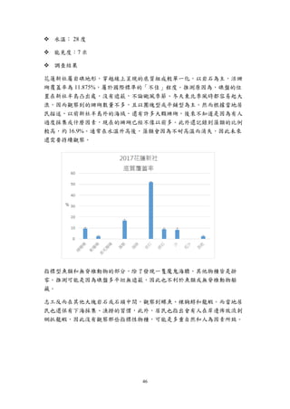 46
 水溫： 28 度
 能見度：7 米
 調查結果
花蓮新社屬岩礁地形，穿越線上呈現的底質組成較單一化，以岩石為主，活珊
瑚覆蓋率為 11.875%，屬於國際標準的「不佳」程度。推測原因為，礁盤的位
置在新社半島凸出處，沒有遮蔽，不論颱風季節、冬天東北季風時都容易起大
浪，因而觀察到的珊瑚數量不多，且以團塊型或平鋪型為主。然而根據當地居
民描述，以前新社半島外的海域，還有許多大顆珊瑚，後來不知道是因為有人
過度採集或什麼因素，現在的珊瑚已經不像以前多。此外還記錄到藻類的比例
較高，約 16.9%。通常在水溫升高後，藻類會因為不耐高溫而消失，因此未來
還需要持續觀察。
指標型魚類和無脊椎動物的部分，除了發現一隻魔鬼海膽，其他物種皆是掛
零。推測可能是因為礁盤多平坦無遮蔽，因此也不利於魚類或無脊椎動物躲
藏。
志工反而在其他大塊岩石或石頭中間，觀察到蝶魚、裸胸鯙和龍蝦。而當地居
民也還保有下海採集、漁撈的習慣，此外，居民也指出會有人在岸邊佈放流刺
網抓龍蝦，因此沒有觀察那些指標性物種，可能是多重自然和人為因素所致。
 