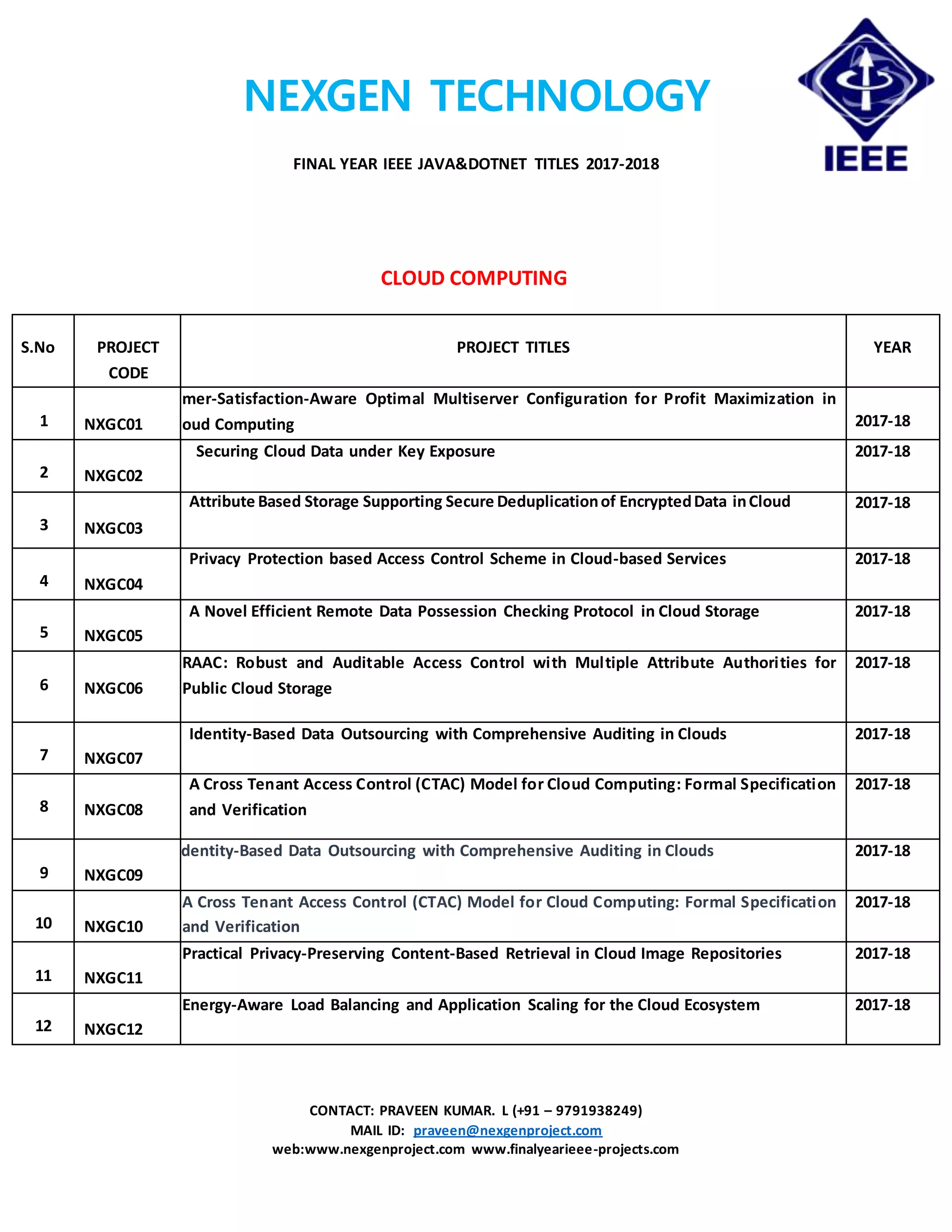 NEXGEN TECHNOLOGY
FINAL YEAR IEEE JAVA&DOTNET TITLES 2017-2018
CONTACT: PRAVEEN KUMAR. L (+91 – 9791938249)
MAIL ID: praveen@nexgenproject.com
web:www.nexgenproject.com www.finalyearieee-projects.com
CLOUD COMPUTING
S.No PROJECT
CODE
PROJECT TITLES YEAR
1 NXGC01
Customer-Satisfaction-Aware Optimal Multiserver Configuration for Profit Maximization in
Cloud Computing 2017-18
2 NXGC02
Securing Cloud Data under Key Exposure 2017-18
3 NXGC03
Attribute Based Storage Supporting Secure Deduplicationof EncryptedData inCloud 2017-18
4 NXGC04
Privacy Protection based Access Control Scheme in Cloud-based Services 2017-18
5 NXGC05
A Novel Efficient Remote Data Possession Checking Protocol in Cloud Storage 2017-18
6 NXGC06
RAAC: Robust and Auditable Access Control with Multiple Attribute Authorities for
Public Cloud Storage
2017-18
7 NXGC07
Identity-Based Data Outsourcing with Comprehensive Auditing in Clouds 2017-18
8 NXGC08
A Cross Tenant Access Control (CTAC) Model for Cloud Computing: Formal Specification
and Verification
2017-18
9 NXGC09
Identity-Based Data Outsourcing with Comprehensive Auditing in Clouds 2017-18
10 NXGC10
A Cross Tenant Access Control (CTAC) Model for Cloud Computing: Formal Specification
and Verification
2017-18
11 NXGC11
Practical Privacy-Preserving Content-Based Retrieval in Cloud Image Repositories 2017-18
12 NXGC12
Energy-Aware Load Balancing and Application Scaling for the Cloud Ecosystem 2017-18
 