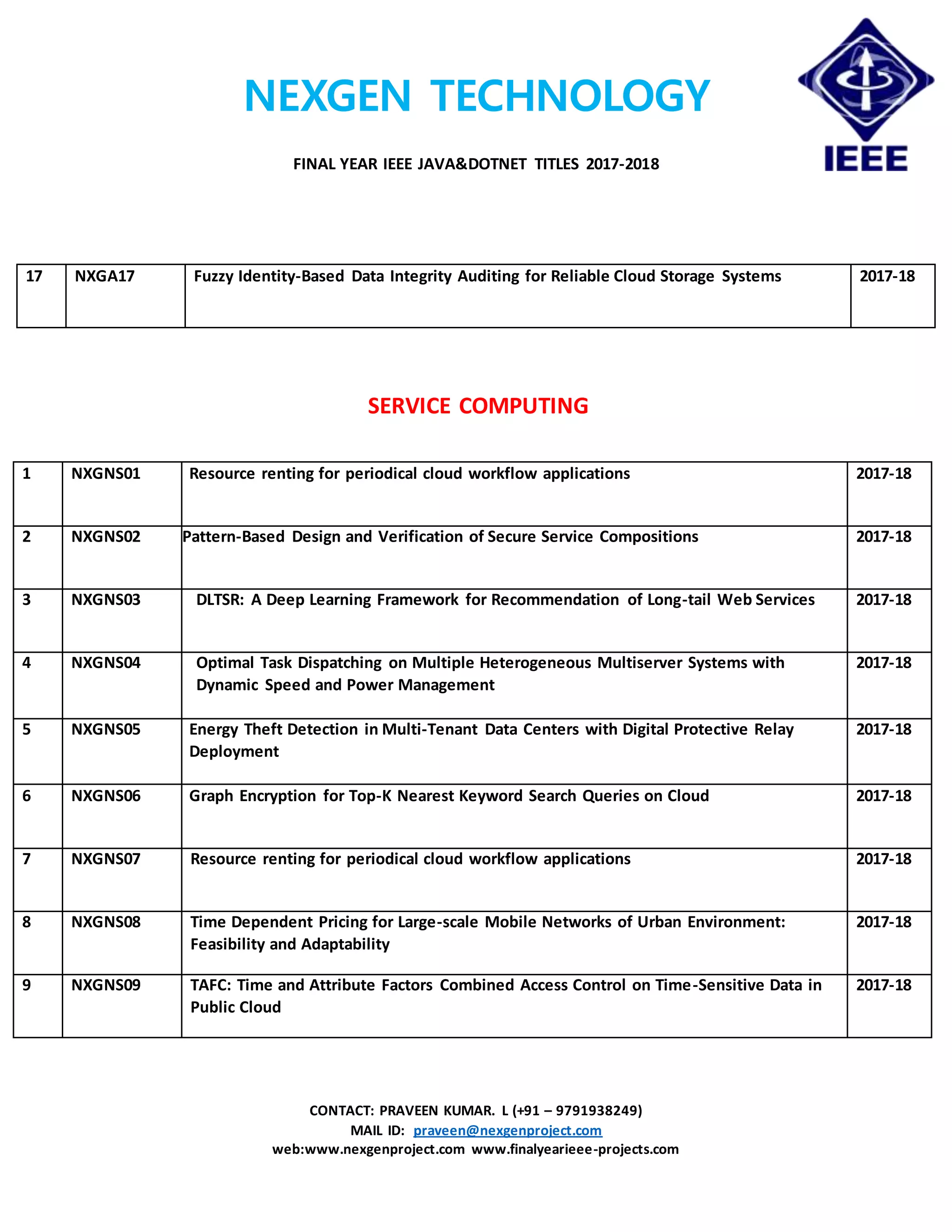 NEXGEN TECHNOLOGY
FINAL YEAR IEEE JAVA&DOTNET TITLES 2017-2018
CONTACT: PRAVEEN KUMAR. L (+91 – 9791938249)
MAIL ID: praveen@nexgenproject.com
web:www.nexgenproject.com www.finalyearieee-projects.com
SERVICE COMPUTING
1 NXGNS01 Resource renting for periodical cloud workflow applications 2017-18
2 NXGNS02 Pattern-Based Design and Verification of Secure Service Compositions 2017-18
3 NXGNS03 DLTSR: A Deep Learning Framework for Recommendation of Long-tail Web Services 2017-18
4 NXGNS04 Optimal Task Dispatching on Multiple Heterogeneous Multiserver Systems with
Dynamic Speed and Power Management
2017-18
5 NXGNS05 Energy Theft Detection in Multi-Tenant Data Centers with Digital Protective Relay
Deployment
2017-18
6 NXGNS06 Graph Encryption for Top-K Nearest Keyword Search Queries on Cloud 2017-18
7 NXGNS07 Resource renting for periodical cloud workflow applications 2017-18
8 NXGNS08 Time Dependent Pricing for Large-scale Mobile Networks of Urban Environment:
Feasibility and Adaptability
2017-18
9 NXGNS09 TAFC: Time and Attribute Factors Combined Access Control on Time-Sensitive Data in
Public Cloud
2017-18
17 NXGA17 Fuzzy Identity-Based Data Integrity Auditing for Reliable Cloud Storage Systems 2017-18
 