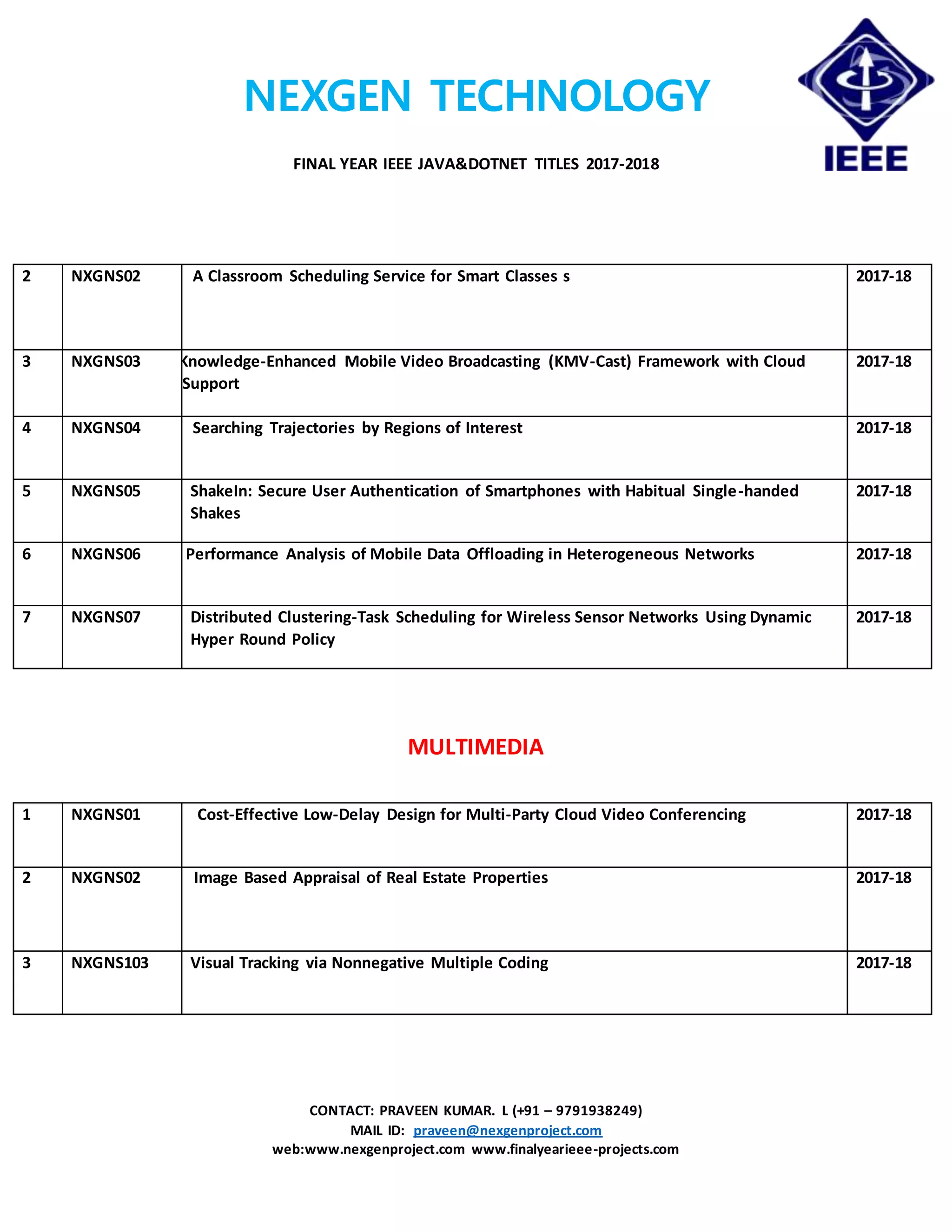 NEXGEN TECHNOLOGY
FINAL YEAR IEEE JAVA&DOTNET TITLES 2017-2018
CONTACT: PRAVEEN KUMAR. L (+91 – 9791938249)
MAIL ID: praveen@nexgenproject.com
web:www.nexgenproject.com www.finalyearieee-projects.com
2 NXGNS02 A Classroom Scheduling Service for Smart Classes s 2017-18
3 NXGNS03 Knowledge-Enhanced Mobile Video Broadcasting (KMV-Cast) Framework with Cloud
Support
2017-18
4 NXGNS04 Searching Trajectories by Regions of Interest 2017-18
5 NXGNS05 ShakeIn: Secure User Authentication of Smartphones with Habitual Single-handed
Shakes
2017-18
6 NXGNS06 Performance Analysis of Mobile Data Offloading in Heterogeneous Networks 2017-18
7 NXGNS07 Distributed Clustering-Task Scheduling for Wireless Sensor Networks Using Dynamic
Hyper Round Policy
2017-18
MULTIMEDIA
1 NXGNS01 Cost-Effective Low-Delay Design for Multi-Party Cloud Video Conferencing 2017-18
2 NXGNS02 Image Based Appraisal of Real Estate Properties 2017-18
3 NXGNS103 Visual Tracking via Nonnegative Multiple Coding 2017-18
 