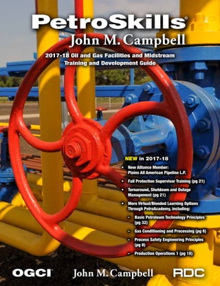 2017-18 Oil and Gas Facilities and Midstream
Training and Development Guide
NEW in 2017-18
•	 New Alliance Member:
Plains All American Pipeline L.P.
•	 Fall Protection Supervisor Training (pg 21)
•	 Turnaround, Shutdown and Outage
Management (pg 21)
•	 More Virtual/Blended Learning Options
Through PetroAcademy, including:
-- Basic Petroleum Technology Principles
(pg 32)
-- Gas Conditioning and Processing (pg 6)
-- Process Safety Engineering Principles
(pg 8)
-- Production Operations 1 (pg 18)
 