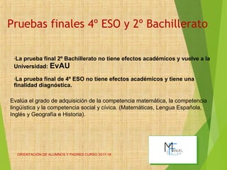 Pruebas finales 4º ESO y 2º Bachillerato
ORIENTACIÓN DE ALUMNOS Y PADRES CURSO 2017-18 11
Evalúa el grado de adquisición de la competencia matemática, la competencia
lingüística y la competencia social y cívica. (Matemáticas, Lengua Española,
Inglés y Geografía e Historia).
-La prueba final 2º Bachillerato no tiene efectos académicos y vuelve a la
Universidad: EvAU
-La prueba final de 4º ESO no tiene efectos académicos y tiene una
finalidad diagnóstica.
 