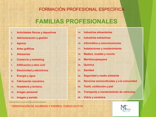 ORIENTACIÓN DE ALUMNOS Y PADRES. CURSO 2017/18
FAMILIAS PROFESIONALES
FORMACIÓN PROFESIONAL ESPECÍFICA
1. Actividades físicas y deportivas
2. Administración y gestión
3. Agraria
4. Artes gráficas
5. Artesanías
6. Comercio y marketing
7. Edificación y obra civil
8. Electricidad y electrónica
9. Energía y agua
10. Fabricación mecánica
11. Hostelería y turismo.
12. Imagen personal
13. Imagen y sonido
14. Industrias alimentarias
15. Industrias extractivas
16. Informática y comunicaciones
17. Instalaciones y mantenimiento
18. Madera, mueble y corcho
19. Marítimo-pesquera
20. Química
21. Sanidad
22. Seguridad y medio ambiente
23. Servicios socioculturales y a la comunidad
24. Textil, confección y piel
25. Transporte y mantenimiento de vehículos
26. Vidrio y cerámica
.
 