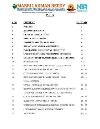 INDEX
S. No CONTENT PAGE NO
1 PREFACE i
2 ACKNOWLEDGEMENT ii
3 GENERAL INSTRUCTIONS iii
4 SAFETY PRECAUTIONS iv
5 INSTITUTE VISION AND MISSION v
6 DEPARTMENT VISION AND MISSION vi
7 PROGRAMME EDUCATIONAL OBJECTIVES vi
8 SPECIFIC OUTCOMES, PROGRAMME OUTCOMES vi
9 COURSE STRUCTURE, OBJECTIVES AND OUTCOMES vii
10 INTRODUCTION 1 - 6
11 DETERMINATION OF AREA USING TOTAL STATION 7 – 9
12 TRAVERSING USING TOTAL STATION 10 – 12
13 CONTOURING USING TOTAL STATION 13 – 16
14 DETERMINATION OF REMOTE HEIGHT USING 17 - 18
TOTAL STATION
15 STAKE – OUT USING TOTAL STATION 19 – 20
16 DISTANCE, GRADIENT, DIFFERENCE, HEIGHT BETWEEN 21 - 23
TWO INACCESSIBLE POINTS USING TOTAL STATION
17 CURVE SETTING USING TOTAL STATION 24 – 27
18 RESECTION USING TOTAL STATION 28 – 30
19 SETTING OUT WORKS FOR BUILDINGS AND PIPE LINES 31 – 32
20 FINDING POSITION OF STATIONUSING GPS 33 – 36
21 ANNEXURE 1 37 - 38
 