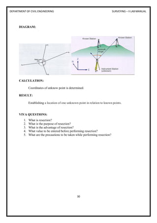 DEPARTMENT OF CIVIL ENGINEERING SURVEYING – II LAB MANUAL
30
DIAGRAM:
CALCULATION:
Coordinates of unknow point is determined.
RESULT:
Establishing a location of one unknown point in relation to known points.
VIVA QUESTIONS:
1. What is resection?
2. What is the purpose of resection?
3. What is the advantage of resection?
4. What value to be entered before performing resection?
5. What are the precautions to be taken while performing resection?
 