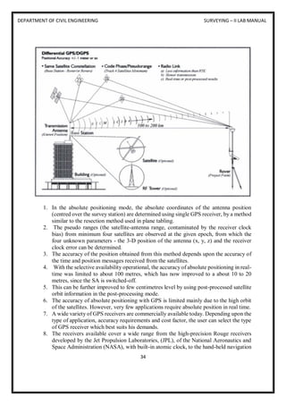 DEPARTMENT OF CIVIL ENGINEERING SURVEYING – II LAB MANUAL
34
1. In the absolute positioning mode, the absolute coordinates of the antenna position
(centred over the survey station) are determined using single GPS receiver, by a method
similar to the resection method used in plane tabling.
2. The pseudo ranges (the satellite-antenna range, contaminated by the receiver clock
bias) from minimum four satellites are observed at the given epoch, from which the
four unknown parameters - the 3-D position of the antenna (x, y, z) and the receiver
clock error can be determined.
3. The accuracy of the position obtained from this method depends upon the accuracy of
the time and position messages received from the satellites.
4. With the selective availability operational, the accuracy of absolute positioning in real-
time was limited to about 100 metres, which has now improved to a about 10 to 20
metres, since the SA is switched-off.
5. This can be further improved to few centimetres level by using post-processed satellite
orbit information in the post-processing mode.
6. The accuracy of absolute positioning with GPS is limited mainly due to the high orbit
of the satellites. However, very few applications require absolute position in real time.
7. A wide variety of GPS receivers are commercially available today. Depending upon the
type of application, accuracy requirements and cost factor, the user can select the type
of GPS receiver which best suits his demands.
8. The receivers available cover a wide range from the high-precision Rouge receivers
developed by the Jet Propulsion Laboratories, (JPL), of the National Aeronautics and
Space Administration (NASA), with built-in atomic clock, to the hand-held navigation
 