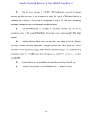 24
E. That this Court, pursuant to 15 U.S.C. § 1118 and equity, order that all pictures,
websites and advertisements in the possession or under the control of Defendant bearing or
containing the Offending Video and/or its descriptions, or any of the false and/or misleading
statements, shall be delivered to SmileDirectClub and destroyed;
F. That SmileDirectClub be awarded its reasonable attorney fees due to the
exceptional nature of this case and Defendants’ intentional, wanton, malicious and willful illegal
conduct;
G. That Defendants be liable jointly and severally for any award of monetary damages
(including without limitation Defendants’ wrongful profits and SmileDirectClub’s actual,
incidental, and consequential damages), treble damages, punitive damages, costs, and/or attorney
fees (including but not limited to actual fees and expenses) in a collective amount of no less than
$56,623,875;
H. That pre-judgment and post-judgment interest be awarded to Plaintiff; and
I. That this Court grant such other and further relief as it shall deem just.
Case 1:17-cv-08136 Document 1 Filed 10/23/17 Page 24 of 25
 