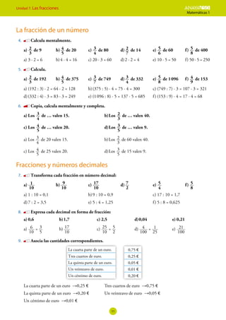 Unidad 7. Las fracciones ESO
Matemáticas 1
11
La fracción de un número
4.	 	Calcula mentalmente.
a)	
3
2 de 9	 b)	
5
4 de 20	 c)	 3
4
de 80	 d)	
7
2 de 14	 e)	
6
5 de 60	 f   )	
8
5 de 400
a)	3 · 2 = 6	 b)	4 · 4 = 16	 c)	20 · 3 = 60	 d)	2 · 2 = 4	 e)	10 · 5 = 50	 f )	50 · 5 = 250
5.	 	Calcula.
a)	
3
2 de 192	 b)	
5
4 de 375	 c)	
7
3 de 749	 d)	
4
3 de 332	 e)	
8
5 de 1 096	 f   )	
9
4 de 153
a)	(192 : 3) · 2 = 64 · 2 = 128	 b)	(375 : 5) · 4 = 75 · 4 = 300	 c)	(749 : 7) · 3 = 107 · 3 = 321
d)	(332 : 4) · 3 = 83 · 3 = 249	 e)	(1 096 : 8) · 5 = 137 · 5 = 685	 f)	(153 : 9) · 4 = 17 · 4 = 68
6.	 	Copia, calcula mentalmente y completa.
a)	Los
4
3 de … valen 15.	 b)	Los
3
2 de … valen 40.
c)	Los
5
4 de … valen 20.	 d)	Los
5
3 de … valen 9.
a)	Los
4
3 de 20 valen 15.	 b)	Los
3
2 de 60 valen 40.
c)	Los
5
4 de 25 valen 20.	 d)	Los 3
5
de 15 valen 9.
Fracciones y números decimales
7.	 	Transforma cada fracción en número decimal:
a)	
10
1 	b)	
10
9 	c)	
10
17 	d)	
2
7 	e)	
4
5 	 f   )	
8
5
a)	1 : 10 = 0,1	 b)	9 : 10 = 0,9	 c)	17 : 10 = 1,7
d)	7 : 2 = 3,5	 e)	5 : 4 = 1,25	 f)	5 : 8 = 0,625
8.	 	Expresa cada decimal en forma de fracción:
a)	
0,6	
b)	
1,7	c)	
2,5	d)	
0,04	
e)	
0,21
a)	
10
6
5
3
= 	b)	
10
17 	c)	
10
25
2
5
= 	d)	
25
100
4 1
= 	e)	
100
21
9.	 	Asocia las cantidades correspondientes.
La cuarta parte de un euro.
Tres cuartos de euro.
La quinta parte de un euro.
Un veinteavo de euro.
Un céntimo de euro.
0,75 €
0,25 €
0,05 €
0,01 €
0,20 €
La cuarta parte de un euro → 0,25 €	 Tres cuartos de euro → 0,75 €
La quinta parte de un euro → 0,20 €	 Un veinteavo de euro → 0,05 €
Un céntimo de euro → 0,01 €
 