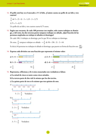 Unidad 7. Las fracciones ESO
Matemáticas 1
4
12.	 El pollo está hoy en el mercado a 5 € el kilo. ¿Cuánto cuesta un pollo de un kilo y tres
cuartos?
3
4
de 5 = (5 : 4) · 3 = 1,25 · 3 = 3,75
3,75 + 5 = 8,75
Un pollo de un kilo y tres cuartos cuesta 8,75 euros.
13.	 Según una encuesta, de cada 100 personas con empleo, solo cuatro trabajan en domin-
go, y del resto, las dos terceras partes tampoco trabajan en sábado. ¿Qué fracción de las
personas empleadas no trabaja ni sábados ni domingos?
De cada 100, 4 trabajan en domingo, por lo que 96 no trabajan en domingo.
De estas,
3
2 tampoco trabajan en sábado →
3
2 de 96 = (96 : 3) · 2 = 64
Es decir, 64 personas no trabajan ni sábado ni domingo, que puesto en forma de fracción son
100
64 .
14.	 Expresa cada división con una fracción que represente el mismo valor:
0 1 2
0 1 2
0 1
0 1
a) 1 : 4 →
b) 1 : 5 →
c) 2 : 5 →
d) 2 : 6 →
a)	
4
1 	b)	
5
1 	c)	
5
2 	d)	
6
2
15.	 Representa, reflexiona y di si estos enunciados son verdaderos o falsos:
a)	La mitad de cinco es tanto como cinco mitades.
b)	La tercera parte de dos vale lo mismo que los dos tercios.
c)	La quinta parte de tres es lo mismo que tres quintos de uno.
a)	
	
0 1
1/2
2/3
3/5
2 3 4 5
0 1 2 3
0 1 2
0
1/2 1/2 1/2 1/2
2
0 3
	 5 : 2 =
2
5 Verdadero
b)	
	
0 1
1/2
2/3
3/5
2 3 4 5
0 1 2 3
0 1 2
0
1/2 1/2 1/2 1/2
2
0 3
	 2 : 3 =
3
2 Verdadero
c)	
	
0 1
1/2
2/3
3/5
2 3 4 5
0 1 2 3
0 1 2
0
1/2 1/2 1/2 1/2
2
0 3
	 3 : 5 =
5
3 Verdadero
 