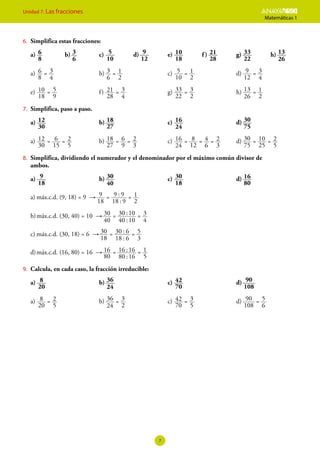 Unidad 7. Las fracciones ESO
Matemáticas 1
7
6.	 Simplifica estas fracciones:
a)	
8
6 	b)	
6
3 	c)	
10
5 	d)	
12
9 	e)	
18
10 	 f    )	
28
21 	g)	
22
33 	h)	
26
13
a)	
8
6
4
3
= 	b)	
6
3
2
1
= 	 c)	
10
5
2
1
= 	d)	
4
3
12
9 =
e)	
18
10
9
5
= 	f)	
28
21
4
3
= 	 g)	
22
33
2
3
= 	h)	
26
13
2
1
=
7.	 Simplifica, paso a paso.
a)	
30
12 	b)	
27
18 	c)	
24
16 	d)	
75
30
a)	
30
12
15
6
5
2
= = 	b)	
6 2
27
18
9 3
= = 	 c)	
24
16
12
8
6
4
3
2
= = = 	d)	
5
2
75
30
25
10
= =
8.	 Simplifica, dividiendo el numerador y el denominador por el máximo común divisor de
ambos.
a)	
18
9 	b)	
40
30 	c)	
18
30 	d)	
80
16
a)	máx.c.d. (9, 18) = 9 →
:
:
18
9
18 9
9 9
2
1
= =
b)	máx.c.d. (30, 40) = 10 →
:
:
40
30
40 10
30 10
4
3
= =
c)	máx.c.d. (30, 18) = 6 →
:
:
18
30
18 6
30 6
3
5
= =
d)	máx.c.d. (16, 80) = 16 →
:
:
80
16
80 16
16 16
5
1
= =
9.	 Calcula, en cada caso, la fracción irreducible:
a)	
20
8 	b)	
24
36 	c)	
70
42 	d)	
108
90
a)	
20
8
5
2
= 	b)	
3
24
36
2
= 	 c)	
70
42
5
3
= 	d)	
108
90
6
5
=
 