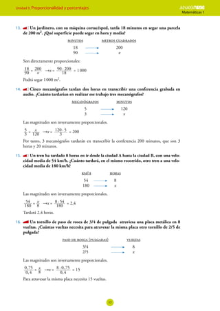 Unidad 9. Proporcionalidad y porcentajes ESO
Matemáticas 1
17
13.	 	Un jardinero, con su máquina cortacésped, tarda 18 minutos en segar una parcela
de 200 m2. ¿Qué superficie puede segar en hora y media?
minutos	 metros cuadrados
	 18	 	 200
	 90	 	 x
Son directamente proporcionales:
x
90
18 200
= → x =
18
90 200
· = 1 000
Podrá segar 1 000 m2.
14.	 	Cinco mecanógrafos tardan dos horas en transcribir una conferencia grabada en
audio. ¿Cuánto tardarían en realizar ese trabajo tres mecanógrafos?
mecanógrafos	 minutos
	 5	 	 120
	 3	 	 x
Las magnitudes son inversamente proporcionales.
x
3
5
120
= → x =
3
120 5
· = 200
Por tanto, 3 mecanógrafos tardarán en transcribir la conferencia 200 minutos, que son 3
horas y 20 minutos.
15.	 	Un tren ha tardado 8 horas en ir desde la ciudad A hasta la ciudad B, con una velo-
cidad media de 54 km/h. ¿Cuánto tardará, en el mismo recorrido, otro tren a una velo-
cidad media de 180 km/h?
km/h	 horas
	 54	 	 8
	180	 	 x
Las magnitudes son inversamente proporcionales.
x
180
54
8
= → x = ·
180
8 54 = 2,4
Tardará 2,4 horas.
16.	 	Un tornillo de paso de rosca de 3/4 de pulgada atraviesa una placa metálica en 8
vueltas. ¿Cuántas vueltas necesita para atravesar la misma placa otro tornillo de 2/5 de
pulgada?
paso de rosca (pulgadas)	 vueltas
	 3/4	 	 8
	 2/5	 	 x
Las magnitudes son inversamente proporcionales.
,
, x
8
0 4
0 75 = → x =
,
,
8
0 4
0 75
· = 15
Para atravesar la misma placa necesita 15 vueltas.
 