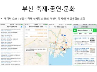 부산 축제∙공연∙문화
• 데이터 소스 : 부산시 축제 상세정보 조회, 부산시 전시/행사 상세정보 조회
 