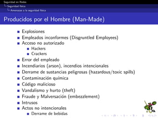 Seguridad en Redes
Seguridad f´ısica
Controles de seguridad f´ısica
1 Seguridad f´ısica
Introducci´on a la seguridad f´ısica
Amenazas a la seguridad f´ısica
Controles de seguridad f´ısica
Ataques a la seguridad f´ısica
2 Lineamientos generales de seguridad
 
