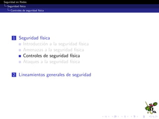 Seguridad en Redes
Seguridad f´ısica
Controles de seguridad f´ısica
Mecanimos de control de acceso
CISSP Training Kit (Microsoft Press Training Kit), 2013
 