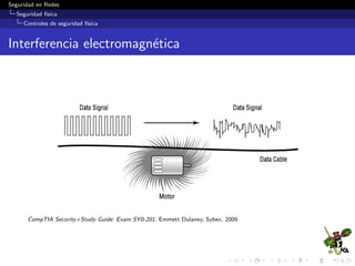 Seguridad en Redes
Seguridad f´ısica
Controles de seguridad f´ısica
3. Mecanismos de detecci´on
Deﬁnici´on
Mecanismos implementados para descubrir una actividad no
autorizada.
Algunos ejemplos:
Sensores.
CCTV.
Iluminaci´on.
Control de entrada.
 