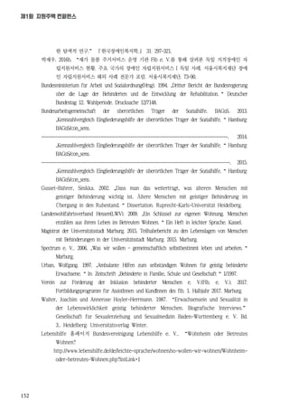 152
제1회 지원주택 컨퍼런스
한 탐색적 연구.” 『한국장애인복지학.』 31: 297-321.
박재우. 2016b. “재가 돌봄 주거서비스 운영 기관 Fib e. V.를 통해 살펴본 독일 지적장애인 자
립지원서비스 현황. 주요 국가의 장애인 자립지원서비스 I 독일 사례. 서울시복지재단 장애
인 자립지원서비스 해외 사례 전문가 포럼. 서울시복지재단. 73-90.
Bundesministerium für Arbeit und Sozialordnung(Hrsg). 1994. „Dritter Bericht der Bundesregierung
über die Lage der Behinderten und die Entwicklung der Rehabilitation.“ Deutscher
Bundestag 12. Wahlperiode. Drucksache 12/7148.
Bundesarbeitsgemeinschaft der überörtlichen Träger der Sozialhilfe. BAGüS. 2013.
„Kennzahlvergleich Eingliederungshilfe der überörtlichen Träger der Sozialhilfe.“ Hamburg:
BAGüS/con_sens.
----------------------------------------------------------------------------------. 2014.
„Kennzahlvergleich Eingliederungshilfe der überörtlichen Träger der Sozialhilfe.“ Hamburg:
BAGüS/con_sens.
-----------------------------------------------------------------------------------. 2015.
„Kennzahlvergleich Eingliederungshilfe der überörtlichen Träger der Sozialhilfe.“ Hamburg:
BAGüS/con_sens.
Gusset-Bährer, Sinikka. 2002. „Dass man das weiterträgt, was älteren Menschen mit
geistiger Behinderung wichtig ist. Ältere Menschen mit geistiger Behinderung im
Übergang in den Ruhestand.“ Dissertation. Ruprecht-Karls-Universität Heidelberg.
Landeswohlfahrtsverband Hessen(LWV). 2009. „Ein Schlüssel zur eigenen Wohnung. Menschen
erzählen aus ihrem Leben im Betreuten Wohnen.“ Ein Heft in leichter Sprache. Kassel.
Magistrat der Universitätsstadt Marburg. 2015. Teilhabebericht zu den Lebenslagen von Menschen
mit Behinderungen in der Universitätsstadt Marburg. 2015. Marburg.
Spectrum e. V.. 2006. „Was wir wollen – gemeinschaftlich selbstbestimmt leben und arbeiten.“
Marburg.
Urban, Wolfgang. 1997. „Ambulante Hilfen zum selbständigen Wohnen für geistig behinderte
Erwachsene.“ In: Zeitschrift „Behinderte in Familie, Schule und Gesellschaft“ 1/1997.
Verein zur Förderung der Inklusion behinderter Menschen e. V.(Fib. e. V.). 2017.
Fortbildungsprogramm für AssistInnen und KundInnen des fib. 1. Halbjahr 2017. Marburg.
Walter, Joachim und Annerose Hoyler-Herrmann. 1987. “Erwachsensein und Sexualität in
der Lebenswirklichkeit geistig behinderter Menschen. Biografische Interviews.”
Gesellschaft für Sexualerziehung und Sexualmedizin Baden-Württemberg e. V. Bd.
3.. Heidelberg: Universitätsverlag Winter.
Lebenshilfe 홈페이지 Bundesvereinigung Lebenshilfe e. V.. “Wohnheim oder Betreutes
Wohnen?
////////http://www.lebenshilfe.de/de/leichte-sprache/wohnen/so-wollen-wir-wohnen/Wohnheim-
oder-betreutes-Wohnen.php?listLink=1
 