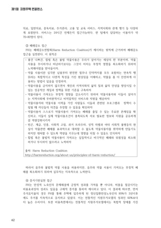 62
제1회 지원주택 컨퍼런스
- 좋건 나쁘건, 합법 혹은 불법 약물사용은 우리가 살아가는 세상의 한 부분이며, 약물
사용을 무시하거나 비난하기보다는 그것이 미치는 부정적 영향을 최소화하기 위하여
노력해야함을 받아들이자.
- 약물 사용이란 심각한 남용부터 완전한 절주나 단약까지를 모두 포함하는 연속적 행
위라는 복합적이고 다면적 특성을 가진 현상임을 이해하고, 약물을 좀 더 안전하게 사
용하는 방법이 있음을 인정하자.
- 약물사용을 금지하지 않으면서 개인과 지역사회의 삶의 질과 삶의 안녕을 향상시킬 수
있는 성공적인 개입과 정책을 위한 기준을 구축하자
- 약물사용이 가져오는 부정적 영향을 감소시키기 위하여 약물사용자와 이들이 살아가
는 지역사회에 무비판적이고 비억압적인 서비스와 자원을 제공하자
- 약물사용자와 약물사용 이력을 가진 사람들도 이들과 관련된 프로그램과 정책이 수
립될 때 자신들의 의견을 주장할 수 있음을 확신하자
- 약물사용자 스스로가 약물사용이 가져오는 폐해를 줄일 수 있는 주요한 존재임을 확
신하고, 이들이 실제 약물사용조건이 충족되도록 서로 필요한 정보와 지원을 공유하게
끔 역량강화시키자
- 빈곤, 계급, 인종, 사회적 고립, 과거 트라우마, 성적 차별과 여타 사회적 불평등의 현
실이 약물관련 폐해를 효과적으로 대처할 수 없도록 약물사용자를 취약하게 만들기도
하지만 대처할 수 있도록 역량을 키우는데 영향을 미칠 수 있음도 인식하자
- 합법 혹은 불법적 약물사용이 가져오는 실질적이고 비극적인 폐해와 위험성을 최소화
하거나 무시하지 않으려고 노력하자
출처: Harm Reduction Coalition
http://harmreduction.org/about-us/principles-of-harm-reduction/
의료, 일반의료, 중독치료, 주거관리, 고용 및 교육 서비스, 지역사회와 관계 맺기 등 다양하
게 포함된다. 서비스는 24시간 언제든지 접근가능하다. 한 팀에서 담당하는 이용자가 약
70~80명이 된다.
③ 폐해감소 접근
PH는 폐해감소연합회(Harm Reduction Coalition)가 제시하는 원칙에 근거하여 폐해감소
접근을 실천한다. 이 원칙은
따라서 음주와 불법적 약물 사용을 허용하지만, 음주와 약물 사용이 가져오는 부정적 폐
해를 최소화하기 위하여 실무자는 지속적으로 노력한다.
④ 증거기반실천 접근
PH는 만성적 노숙인의 문제해결에 긍정적 성과를 가져올 뿐 아니라, 비용을 절감시키는
비용효과성의 성과도 있음을 구체적 증거를 통하여 제시하고 있다. 이 결과에 따르면, 먼저
주거유지율의 경우 PH를 통해 주택에 입주하게 된 정신질환만성노숙인의 89%가 3년이후
에도 주거를 지속적으로 유지하고 있었다. 이는 전통적인 지원주거모델의 성과인 60%보다
더 높은 수치이다. 또한 비용측면에서는 전통적인 지원주거모델에서는 복합적 장애를 가진
 