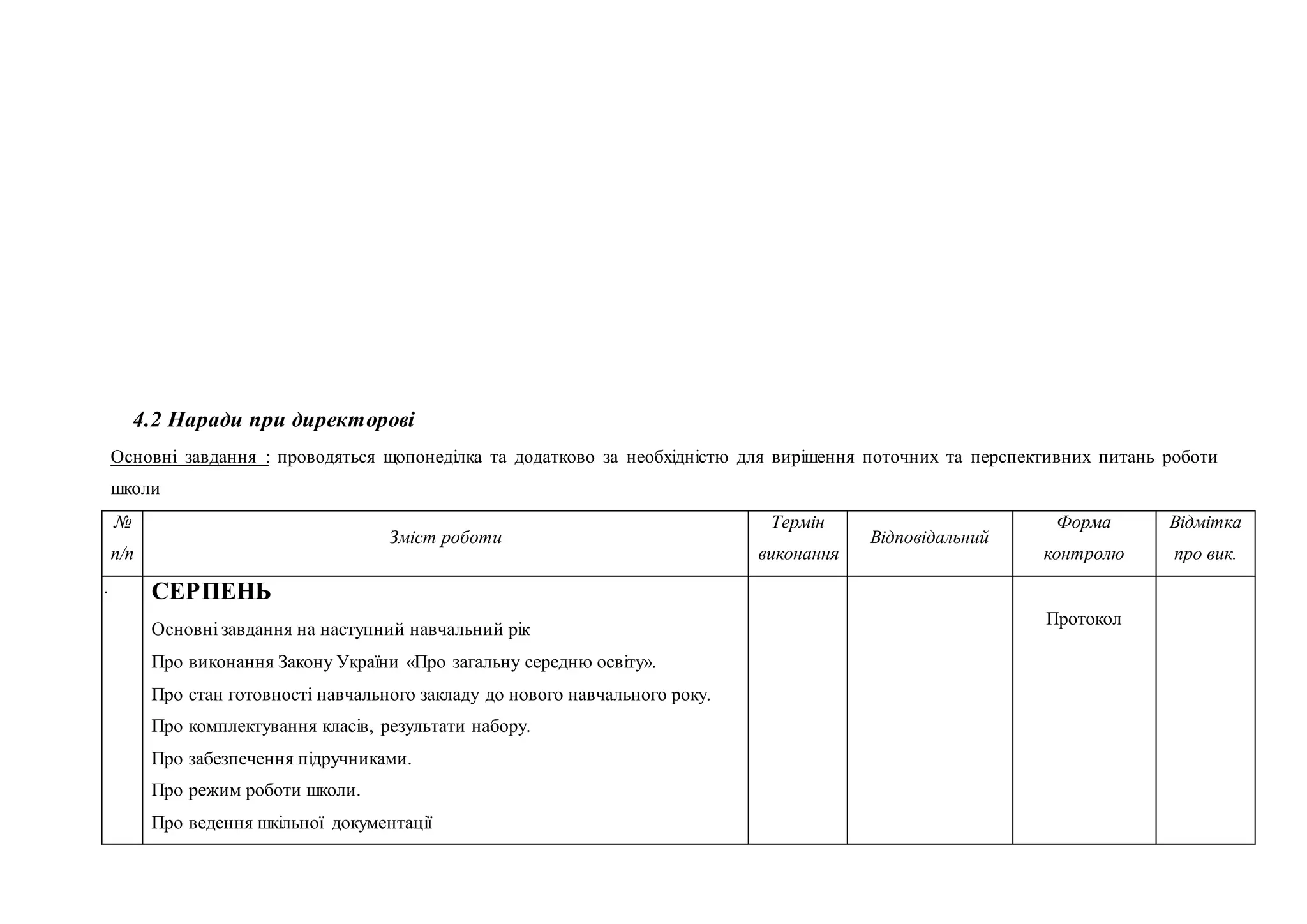 4.2 Наради при директорові
Основні завдання : проводяться щопонеділка та додатково за необхідністю для вирішення поточних та перспективних питань роботи
школи
№
п/п
Зміст роботи
Термін
виконання
Відповідальний
Форма
контролю
Відмітка
про вик.
1. СЕРПЕНЬ
 Основні завдання на наступний навчальний рік
 Про виконання Закону України «Про загальну середню освіту».
 Про стан готовності навчального закладу до нового навчального року.
 Про комплектування класів, результати набору.
 Про забезпечення підручниками.
 Про режим роботи школи.
 Про ведення шкільної документації
Протокол
 