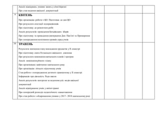  Аналіз відвідувань учнями занять у січні-березні
 Про стан ведення шкільної документації
9 КВІТЕНЬ
 Про організацію роботи з ЦО. Підготовка до дня ЦО
 Про результати атестації педпрацівників
 Про підготовку до ремонтних робіт
 Аналіз результатів проведення батьківських зборів
 Про підготовку та проведення святкування Дня Пам’яті та Примирення
 Про попередження негативнихпроявів серед учнів
10 ТРАВЕНЬ
 Результати вивчення стану викладання предметів у ІІ семестрі
 Про підготовку свята Останнього шкільного дзвоника
 Про результати виконання навчальних планів і програм
 Аналіз виконання річного плану
 Про організоване закінчення навчального року
 Про організацію літнього відпочинку учнів
 Стан роботи з попередження дитячого травматизму у ІІ семестрі
 Інформація про діяльність Ради школи
 Аналіз результатів контролю за веденням усіх видів шкільної
документації
 Аналіз відвідування учнів у квітні-травні
 Про попередній розподіл педагогічного навантаження
 Про стан роботи з обдарованими учнями у 2017– 2018 навчальному році
 